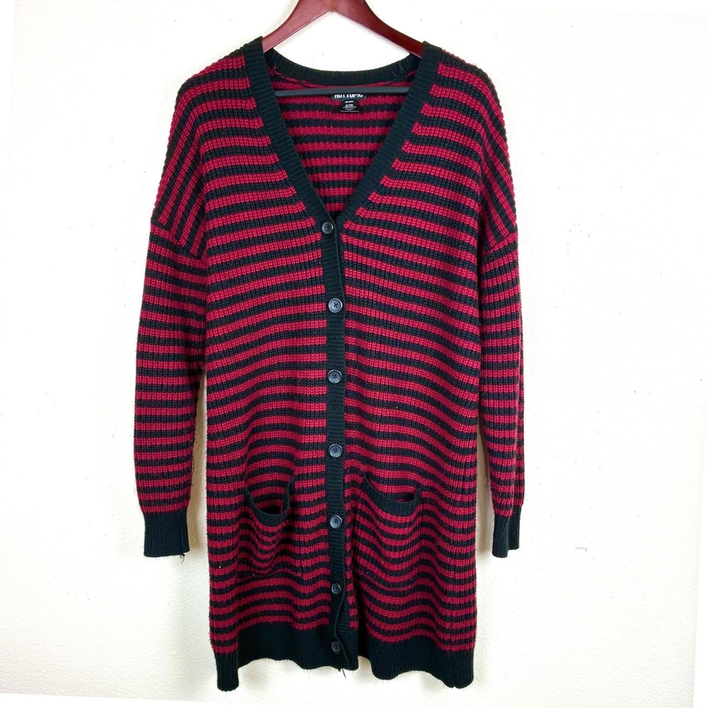 Hot Topic Cardigan Sz L Goth Long Line Grunge Alt Emo Punk Striped Red Black